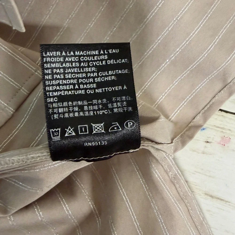 Lafayette 148 Button Down Top Womens L Taupe Pinstripe Minimalist Office Neutral - Picture 5 of 16